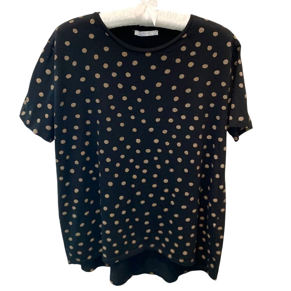ZARA Basic Black Tan Polka Dot Short Sleeve Tee Top Minimalist Large
